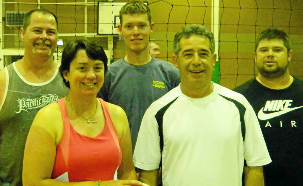 Team Deadwood Brett Singh, Ben Tomkins, Matthew Kairouz (front) Marianne Clayton and Michel Kairouz took out the season two men’s Warwick Volleyball Association grand final. Team Deadwood Brett Singh, Ben Tomkins, Matthew Kairouz (front) Marianne Clayton and Michel Kairouz took out the season two men’s Warwick Volleyball Association grand final.